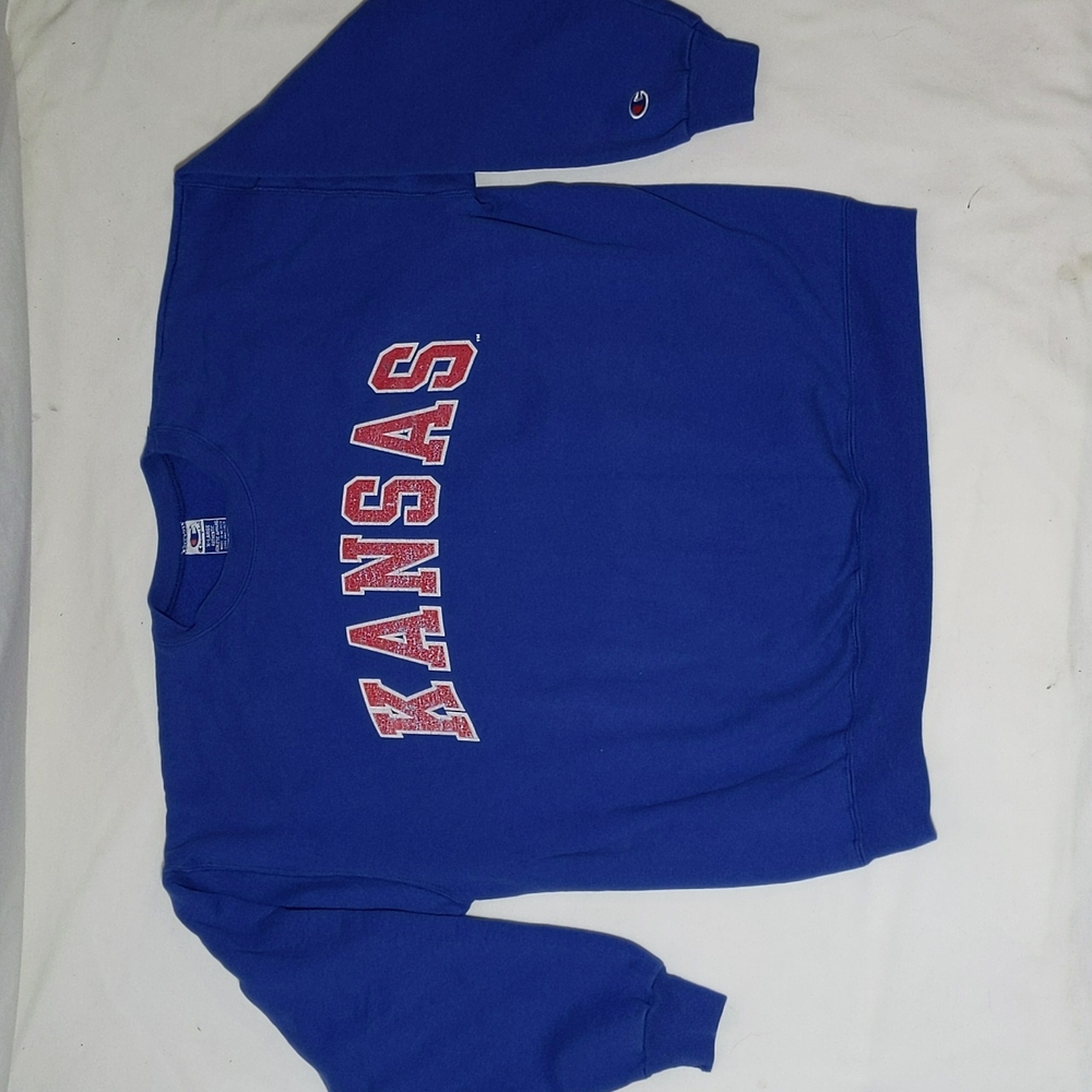 90s Vintage Authentic Champion Kansas Jayhawk Crew Neck, Blue & Red